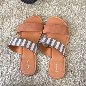 Qupid Tan and Black Striped Sandals